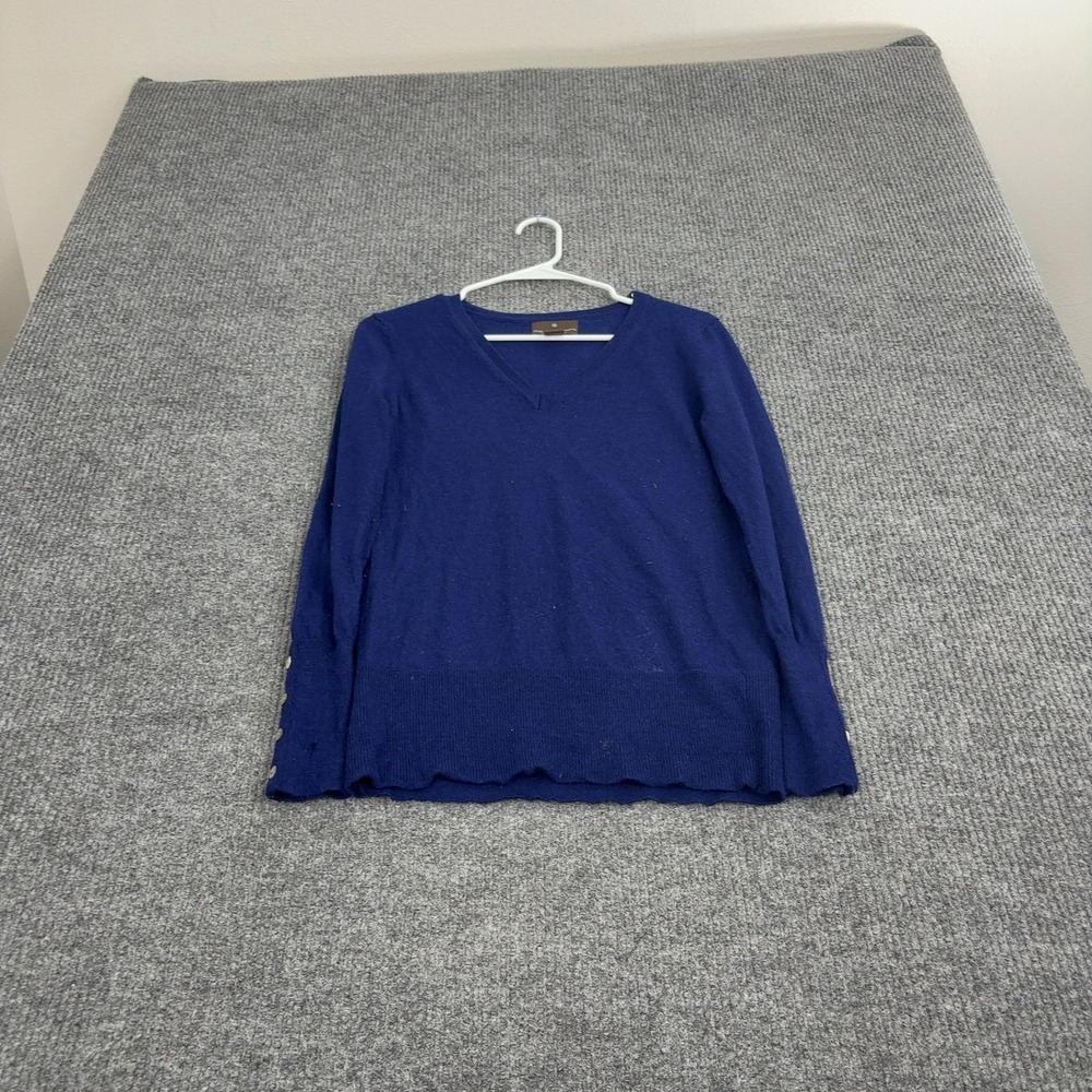 Fenn Wright Manson Sweater Womens M Blue Merino Wool V Neck Button Cuff Classic